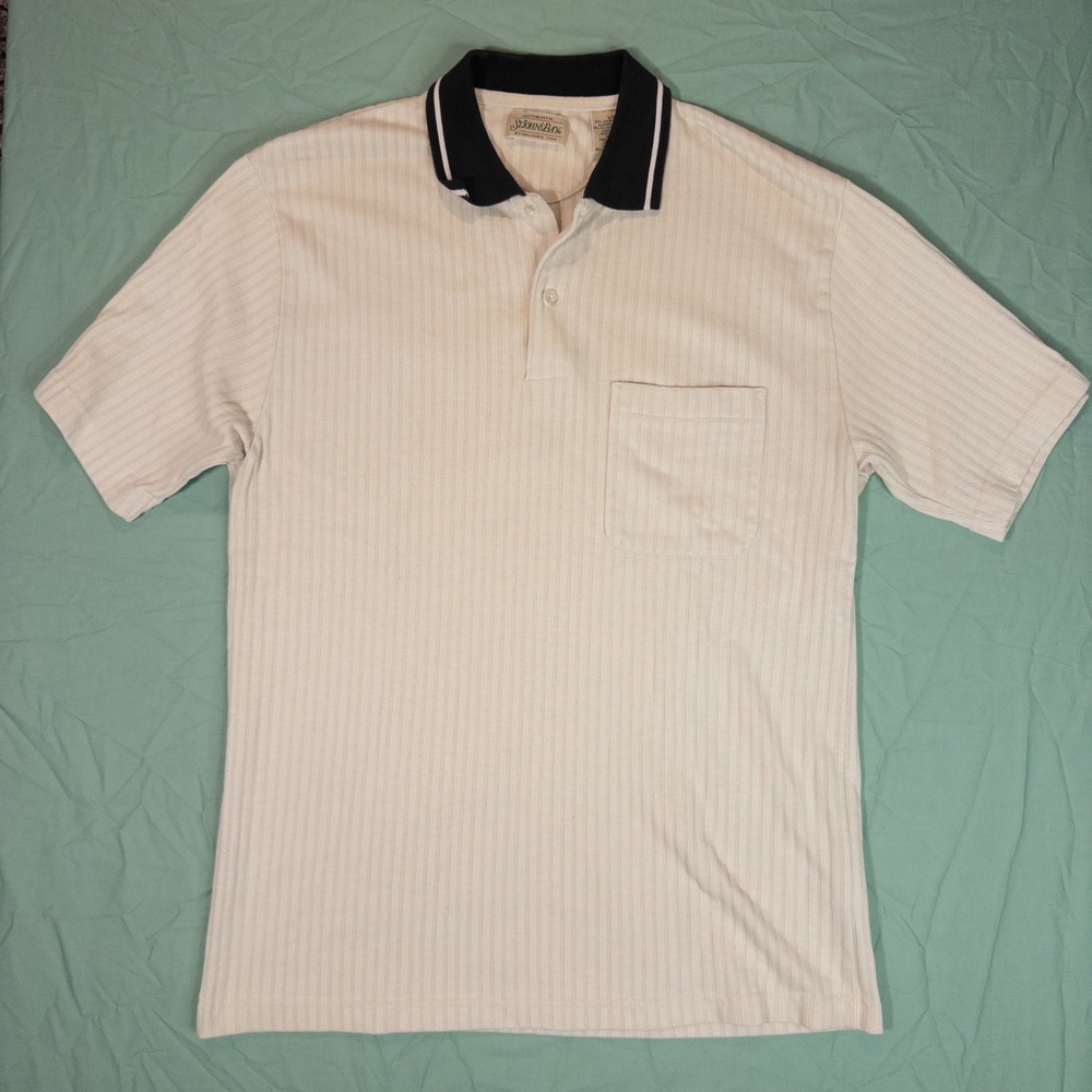 St John's Bay Polo Shirt Mens Large Cream Good Vintage Made In USA Ribbed